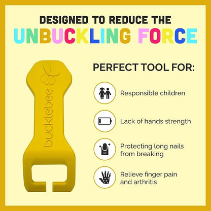 Bucklebee Easy Car Seat Buckle Release Aid for Children Unbuckle Car Seat Release Tool - Button Pusher - Opener for Nails - Buckle Release Tool (2 Packs Yellow)