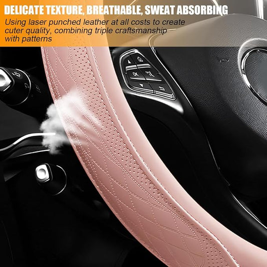 Zpana Car Steering Wheel Cover, 14.5-15" Breathable Soft Leather Vehicle Steering Wheel Protector with Anti-Slip Lining, Comfortable Auto Interior Decoration Accessories, Universal Fit (Pink)