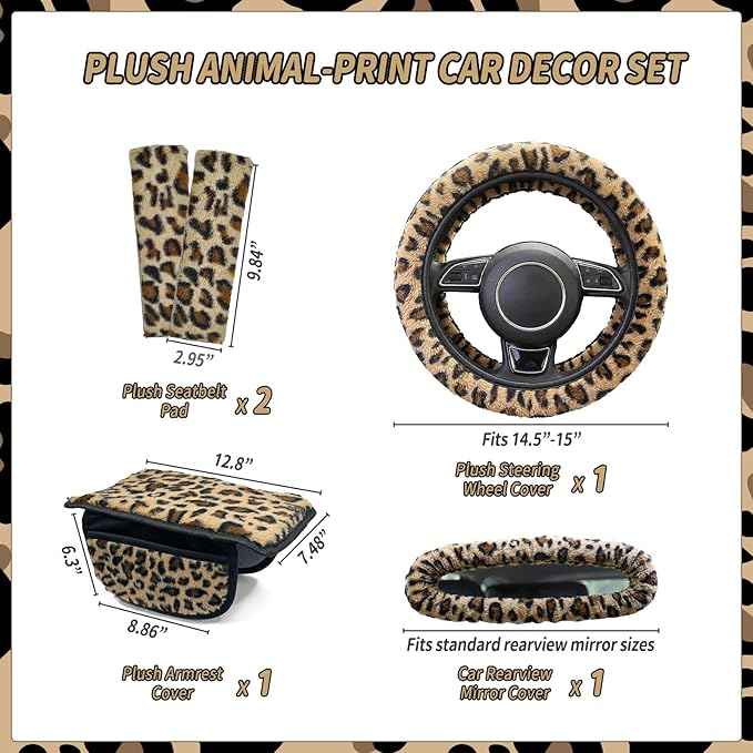 5 Pcs Fuzzy Animal Print Car Accessories Set, Soft Fluffy Plush Steering Wheel Cover, Center Console Armrest Pad & Rearview Mirror Cover - Interior Decorations for Women,Universal Fit (Leopard Print)