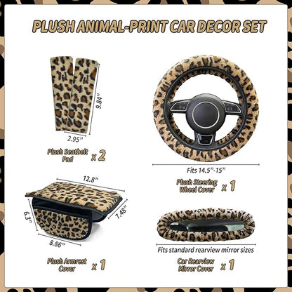 5 Pcs Fuzzy Animal Print Car Accessories Set, Soft Fluffy Plush Steering Wheel Cover, Center Console Armrest Pad & Rearview Mirror Cover - Interior Decorations for Women,Universal Fit (Leopard Print)