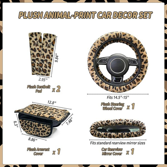 5 Pcs Fuzzy Animal Print Car Accessories Set, Soft Fluffy Plush Steering Wheel Cover, Center Console Armrest Pad & Rearview Mirror Cover - Interior Decorations for Women,Universal Fit (Leopard Print)
