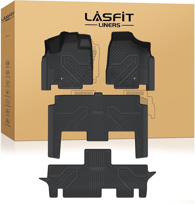 LASFIT Floor Mats for Dodge Grand Caravan 2008-2020 & Chrysler Town & Country 2008-2016 (Stow’n Go Only) 7-Seater All Weather TPE Car Mats 1st, 2nd and 3nd Row Full Set Floor Liners, Black