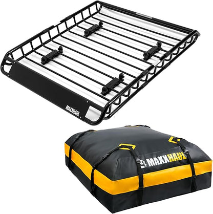 MaxxHaul 51084 46" x 36" x 4.5" Roof Rack Cargo Carrier Steel Basket, Car Top Luggage Holder for SUV and Pick Up Trucks - 150 lb. Capacity, with 15 Cu.Ft. Water Resistant Roof Bag 44" x 34" x 17"
