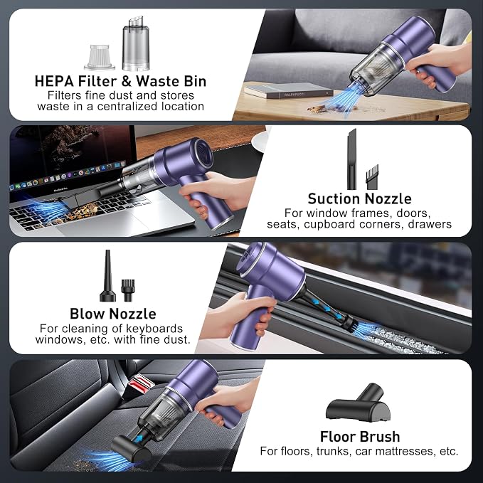 KMM Handheld Car Vacuum Cleaner, 9000PA Vacuum Cleaner & Air Duster, 120W High Power Vacuum Portable Cordless, Hand Held Vacuum Rechargeable with Multi-Nozzles & LED Light for Home, Car, Office