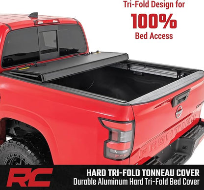 Rough Country Hard Tri-Fold Flip Up Truck Bed Tonneau Cover for Nissan Frontier (2022-2025) - Fits 5' (58.9-59.5") Bed, All-Weather, Flush Aluminum Panels