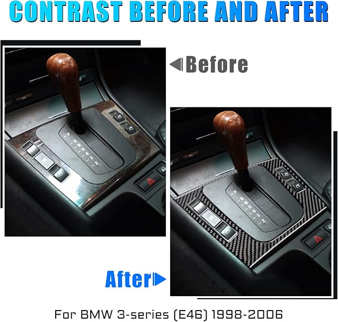 AIRSPEED Carbon Fiber Center Console Gear Shift Outter Frame Cover Window Button Surround Trim for BMW E46 1998-2006, Black