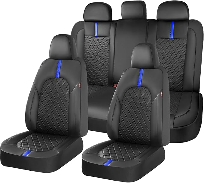 Coverado Full Set Car Seat Covers, Waterproof Front Seats Back Seat Cover, Leather Seat Covers Non-Slip Seat Protectors Universal Fit for Most Cars (Black-Blue)