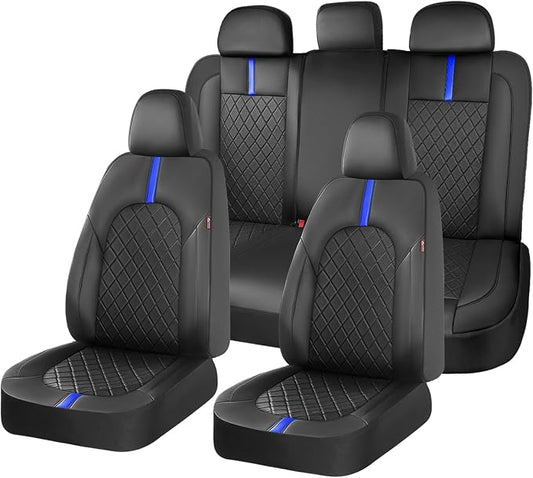 Coverado Full Set Car Seat Covers, Waterproof Front Seats Back Seat Cover, Leather Seat Covers Non-Slip Seat Protectors Universal Fit for Most Cars (Black-Blue)