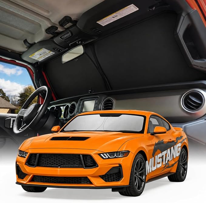 Weektic Windshield Sun Shade for Ford Mustang 2015-2019 2020 2021 2022 2023 2024 2025 2026, 5-Laer Ice Crystal Reflective & Heat Insulating Sunshade for Car Windshield | Silver Foldable Sun Blocker