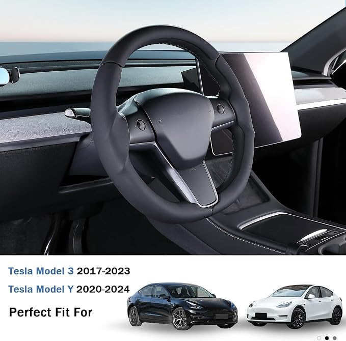 Steering Wheel Cover for 2017-2023 Tesla Model 3 2020-2024 Tesla Model Y, Leather Steering Wheel Cover for Tesla Model 3/Y Accessories, Black