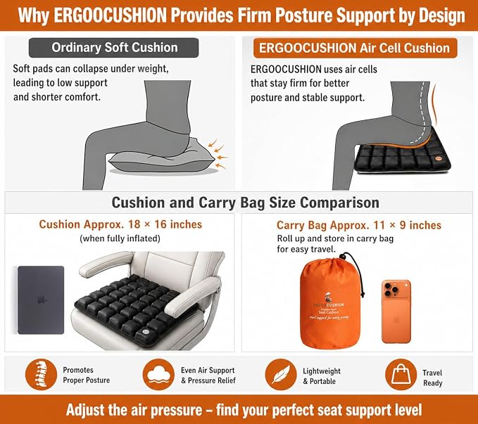 Inflatable Travel Seat Cushion with Built‑in Manual Pump, Adjustable Firmness & Compact Storage –Firm Support for Airplane, Car & Office Chairs, Large Generous Fit 18x16x2.1", Carry Bag Included