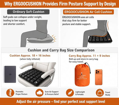 Inflatable Travel Seat Cushion with Built‑in Manual Pump, Adjustable Firmness & Compact Storage –Firm Support for Airplane, Car & Office Chairs, Large Generous Fit 18x16x2.1", Carry Bag Included