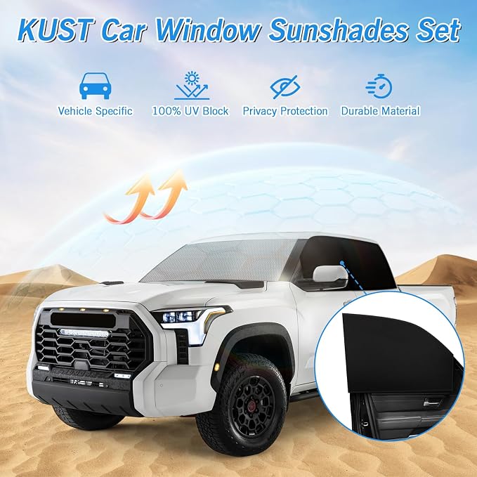 KUST Windshield Sun Shade Umbrella for Toyota Tundra 2022 2023 2024 2025 2026 Rear Window Shades 100% UV Protection and Blackout Privacy 5PCS Car Window Covers Accessories