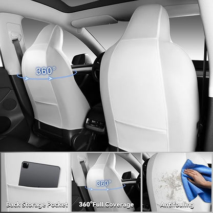 CAR PASS Nappa Leather High Back Front Seat Covers, Tesla Model 3 Model Y Breathable Faux Leather Front Bucket Seat Covers, Anti-Slip Airbag Compatible Universal Fit for Sedan SUV Van Truck, White