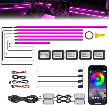 Acrylic Interior Car LED Strip Light with Wireless APP, RGB 14 in 1 with 175 inches 600 LEDs Fiber Optic Strip Lights for Car, Dynamic Chasing Sound Active Neon Car Ambient Lighting Kits
