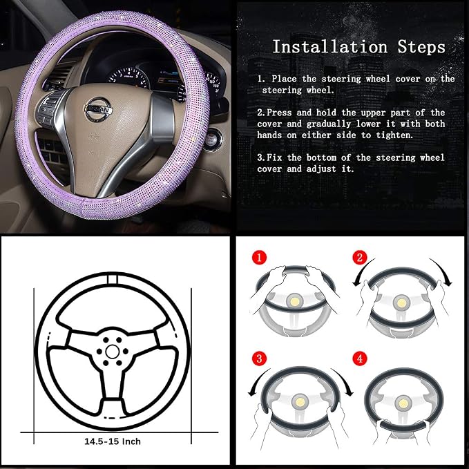 Car Fuzzy Bling Steering Wheel Cover for Women Purple, 15 Inch Universal with Colorful Diamonds Rhinestone Cute Accessories Crystal Anti-Slip Wheel Protectorer