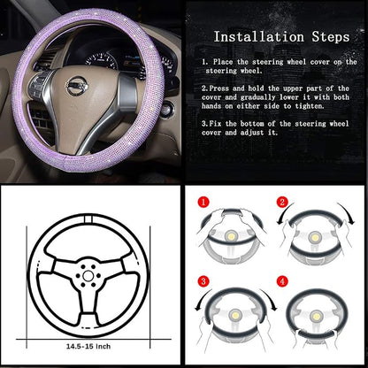 Car Fuzzy Bling Steering Wheel Cover for Women Purple, 15 Inch Universal with Colorful Diamonds Rhinestone Cute Accessories Crystal Anti-Slip Wheel Protectorer