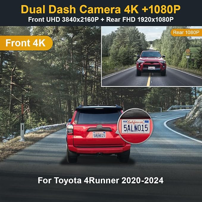 Fitcamx Front 4K+Rear 1080P Dash Cam for 2020-2024 Toyota 4Runner TRD Sport Limited Pro Off-Road Venture SR5 Premium, OEM Look, Loop Recording, Built-in WiFi&APP, G-Sensor, Easy to Use,128GB Card