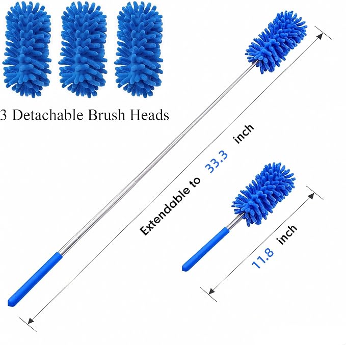 Microfiber Duster for Cleaning, GMLKRY Hand Washable Dusters with 3pcs Replaceable Microfiber Head, Extendable Pole, Detachable Cleaning Supplies for Office, Car, Window, Furniture (Blue)