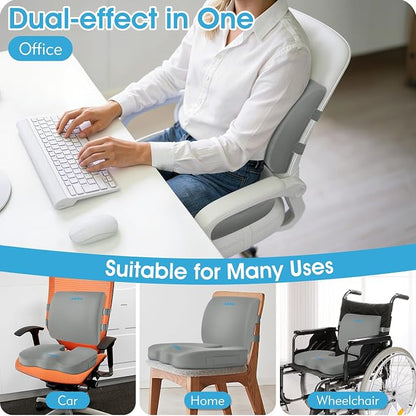CushZone Seat Cushion, Lumbar Support Pillow with Adjustable Strap-Chair Cushions for Sciatica Pain Relief-with Washable Cover Memory Foam for Car, Travel and Wheelchair, Light Grey X-Large