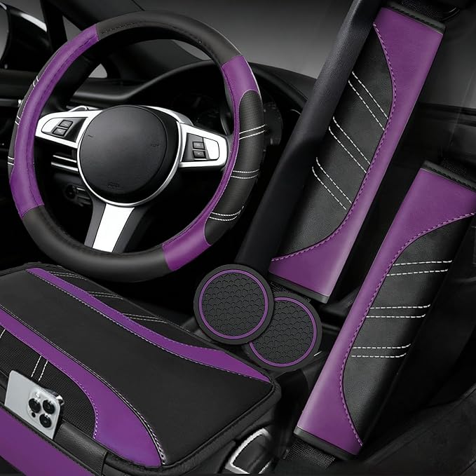 NBTEPEM 6 Pcs Purple Car Accessories Set, Sport Leather Steering Wheel Cover 14.5-15inch Universal, Leather Car Center Console Cover, Seat Belt Cushion, Cup Holder Coaster (Black-Purple)