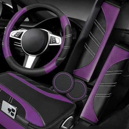 NBTEPEM 6 Pcs Purple Car Accessories Set, Sport Leather Steering Wheel Cover 14.5-15inch Universal, Leather Car Center Console Cover, Seat Belt Cushion, Cup Holder Coaster (Black-Purple)