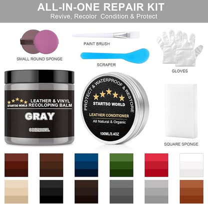 STARTSO WORLD 200Ml Leather Recoloring Balm with 100ML Leather Conditioner, Gray Leather Repair Kit for Furniture, Leather Dye, Leather Scratch Repair, Leather Couch Paint