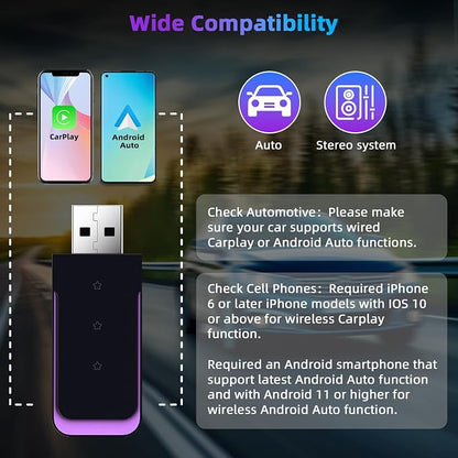 Mini Wireless Carplay Adapter for iPhone & Android, Plug and Play Low Latency Convert Wired to Wireless CarPlay Dongle for Cars with USB-A/C, Compatible with Cars from 2016 and iOS 10+/Android 11+