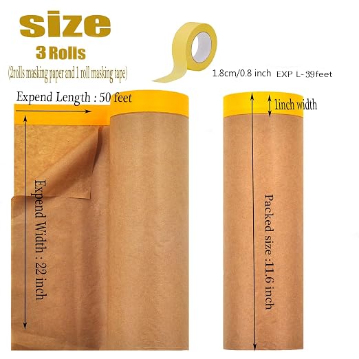 Pre-Taped Paint Masking Paper and Masking Tape Sets,2 Rolls 22inch-50feet Painters Paper and 1 Roll Painters Tape, Automotive Paint Paper, Tape and Drape Waterproof for Painting Protection Covering