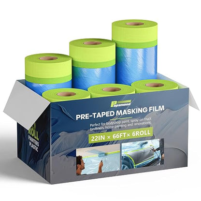 Pre-Taped Masking Film for Painting(6 Rolls) - 22" x 66'Painters Plastic Sheeting with Tape and Drape, Painters Drop Cloth for Automotive & Home, Cover for Walls/Floors/Windows/Cars Protection