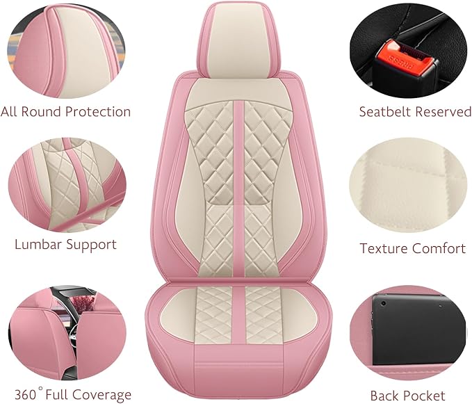 otoez Pink Car Seat Covers Full Set, Universal Leather Seat Cover 5 Seat Waterproof & Breathable Automotive Seat Protector Full Coverage for Cars Sedens, Trucks, SUVs, Vans (Pink & White)