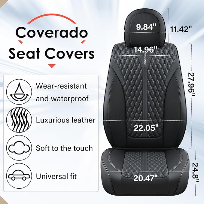Coverado Car Seat Covers Full Set, 5 Seats Luxury Nappa Leather Seat Covers for Cars, Car Seat Cover Waterproof, Front and Back Car Seat Protector, Black Car Seat Covers Universal Fit for Most Cars
