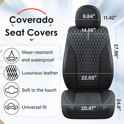Coverado Car Seat Covers Full Set, 5 Seats Luxury Nappa Leather Seat Covers for Cars, Car Seat Cover Waterproof, Front and Back Car Seat Protector, Black Car Seat Covers Universal Fit for Most Cars