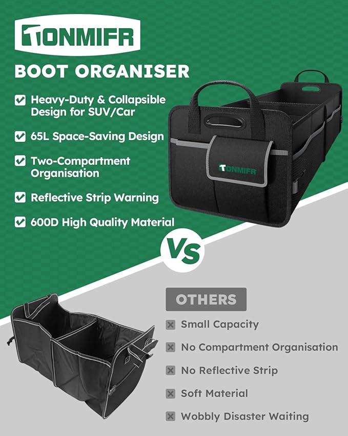 2-Compartment Trunk Organizer & Multi-Compartment Storage Box 600D Waterproof Oxford, with Reflective Strips and 8 Side Mesh Pockets for SUV, Sedan, Minivan- Heavy-Duty Car Organiser(65L)