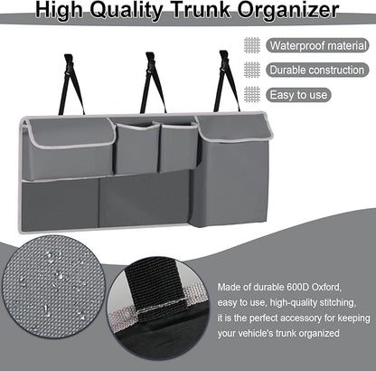 UYYE Trunk Hanging Organizer, Backseat Storage Bag, Collapsible Car Interior Accessories with 4 Pockets & 2 Mesh Pouches for Tools, Provide More Storage Trunk Space for SUV, Jeep, MPVs (Grey)