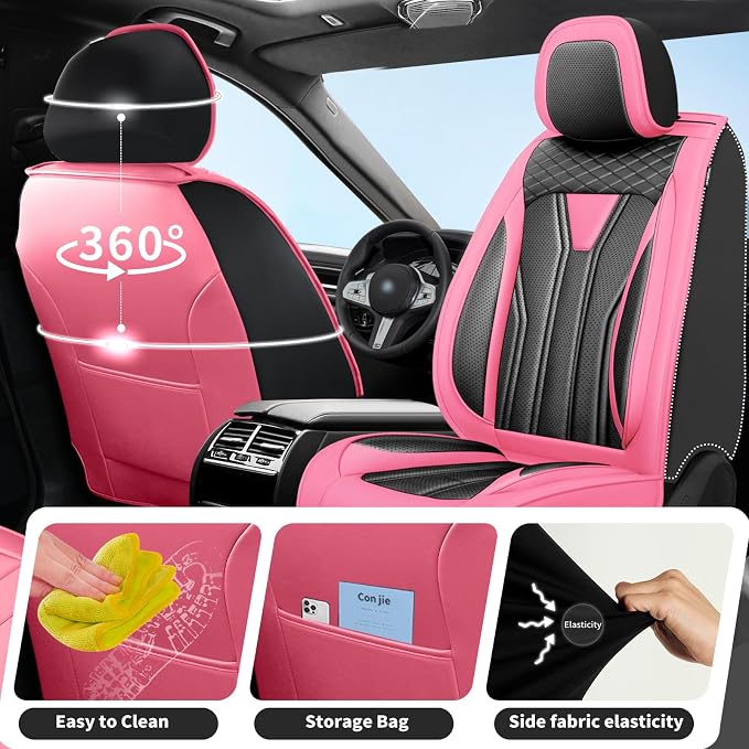 Fit Wrangler 4-Door Car Seat Covers for Jeep Wrangler 2010-2025 2026 -Premium Leather, Waterproof，Breathable，All-Weather Seat Cushion Protecto & Airbag Compatible, 2 Front Seat Pink&Black