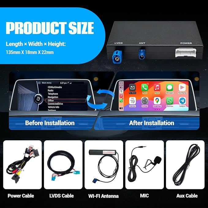 Wireless CarPlay Android Auto Retrofit Kit for BMW CIC System 1/2/3/4/5/7seriers X1/X3/X5/X6/E60/E61/E81/E90/F07/F10/F11/E84/E71/F25/E70 2008-2012,Support OEM Controls, Airplay Mirror,Reverse Camera