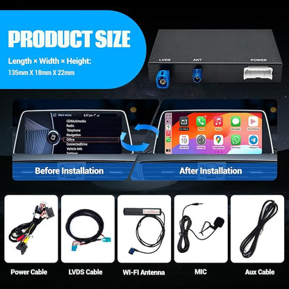 Wireless CarPlay Android Auto Retrofit Kit for BMW CIC System 1/2/3/4/5/7seriers X1/X3/X5/X6/E60/E61/E81/E90/F07/F10/F11/E84/E71/F25/E70 2008-2012,Support OEM Controls, Airplay Mirror,Reverse Camera