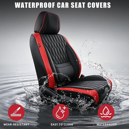 Car Seat Covers , Luxury Breathable Waterproof Faux Leatherette Car Seat Covers Cushion Protectors with Lumbar Support, Car Seat Cushion, Universal Fit Most Cars (Black-Red, Full Set - 5 Seats)