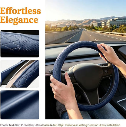 Zpana Car Steering Wheel Cover, 14.5-15" Breathable Soft Leather Vehicle Steering Wheel Protector with Anti-Slip Lining, Comfortable Auto Interior Decoration Accessories, Universal Fit (Dark Blue)