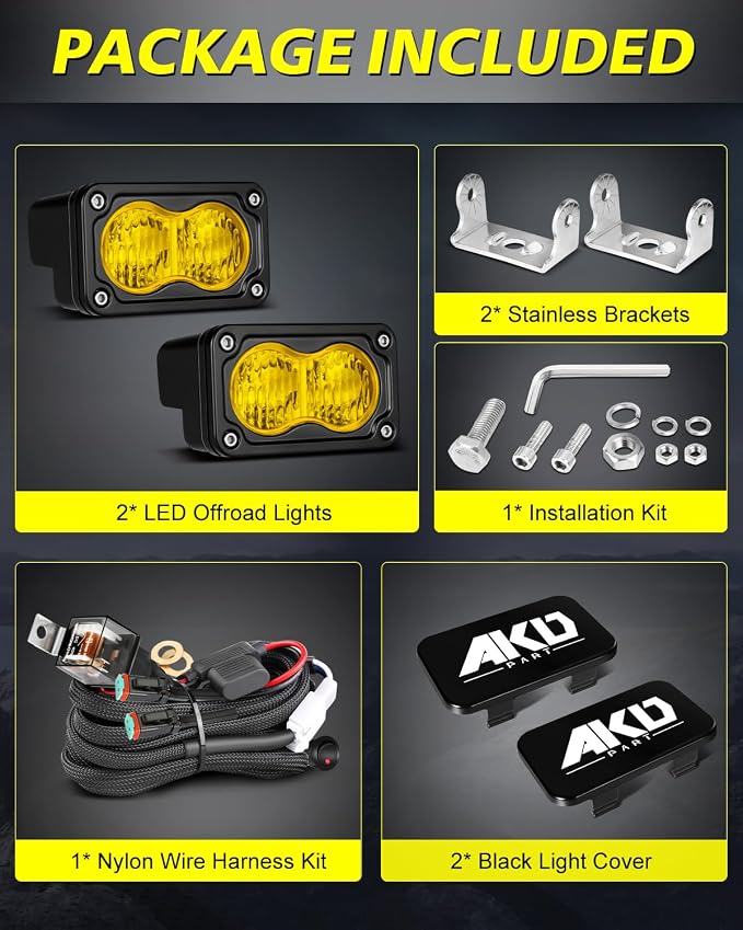 3" 40W Yellow Flood LED Pods with Wiring Harness & Black Covers | High Intensity CREE LEDs Yellow Fog Lights Small Chase Lights 2 Packs for Trucks Motorcycle SUV UTV ATV Dirt Bike