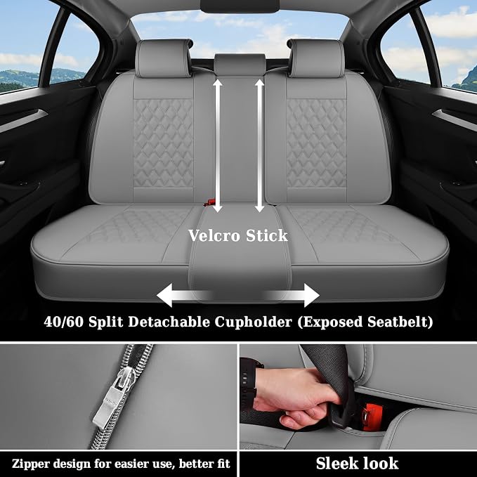 Coverado Full Set Car Seat Covers, Luxury Faux Leather Waterproof Seat Covers, Gray Car Seat Protectors, Universal Fit, Leather Seat Cushions for Cars-Gray