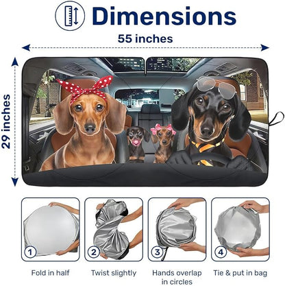 GENANY Cute Dachshund Dog Family Funny Windshield Sun Shade for Car SUV Truck (55x29 Inches), Automobile Sunshade, Protector Blocks UV, Car Accessories