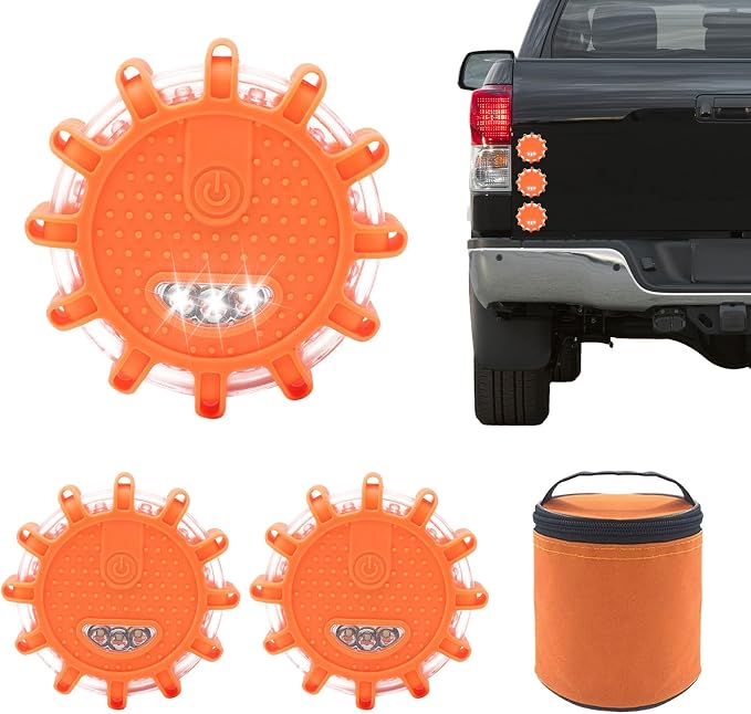 Led Road Flares - Roadside Safety Beacon Disc, Magnetic Road Safety Lights, Flashing Warning Flare Kit with 9 Modes | Waterproof Beacon Disc Pack for Car Vehicles Truck Boats Security