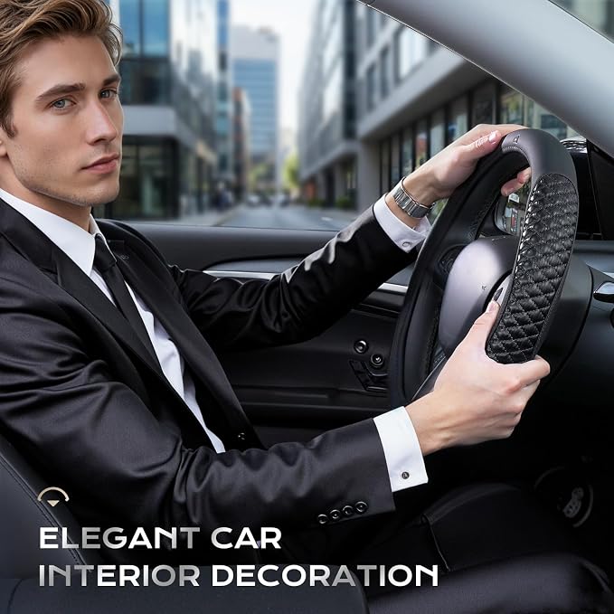 Coverado Nappa Leather Steering Wheel Cover Universal 14-15 Inch Anti-Slip Breathable Steering Wheel Protector Luxury Auto Decor for Men Women Blackline