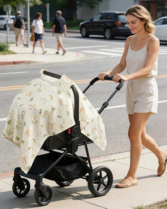 100% Muslin Cotton Car Seat Cover for Baby, Soft Breathable Car Seat Canopy, Universal Infant Carseat Cover Sun Protector, Lightweight Summer Stroller Cover for Boys Girls - Dinosaur