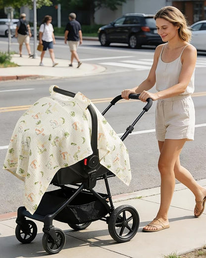 100% Muslin Cotton Car Seat Cover for Baby, Soft Breathable Car Seat Canopy, Universal Infant Carseat Cover Sun Protector, Lightweight Summer Stroller Cover for Boys Girls - Dinosaur