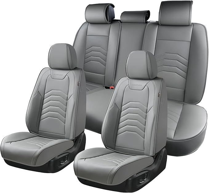 Coverado Leather Seat Covers, Gray Seat Covers Full Set, Car Seat Covers Front Seats and Back, Waterproof Faux Leather Car Seat Cushion Car Seat Protector Universal Fit for Most Cars Trucks SUV