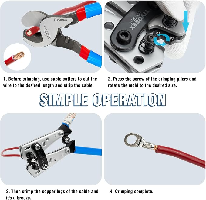 Battery Cable Lug Crimping Tool for AWG 10-1/0 Electrical Lug, with Cable Cutter 64pcs Ring Terminals and 70pcs Heat Shrink Tubing