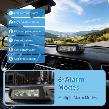 Tire Pressure Monitoring System TPMS, Solar Charge Tire Pressure Monitor with 6 External Sensors & 6 Alarm Modes, 0-144 PSI, Real-time Wireless TPMS for RV SUV Truck - with 6 Tire Valve Caps